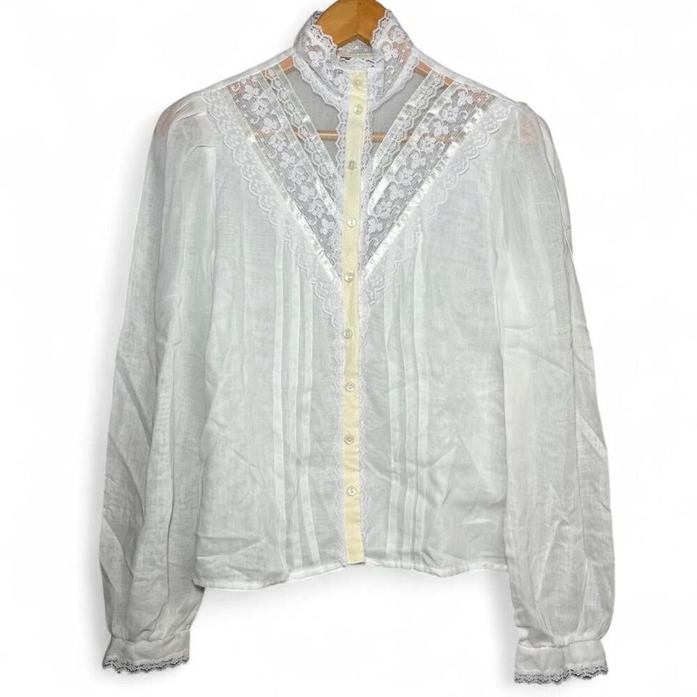 Vtg Jessica's Gunne Sax Gunnies Sheer Lace Blouse High Neck Floral Open Chest